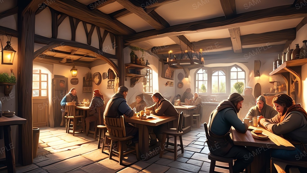 中世ファンタジー|城下町外れの大衆酒場|昼の賑わい(人物あり)|10枚セット