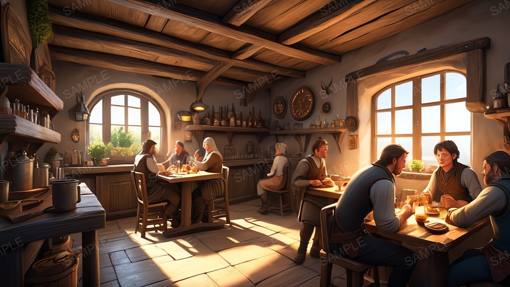 中世ファンタジー｜城下町外れの大衆酒場｜昼の賑わい（人物あり）｜10枚セット