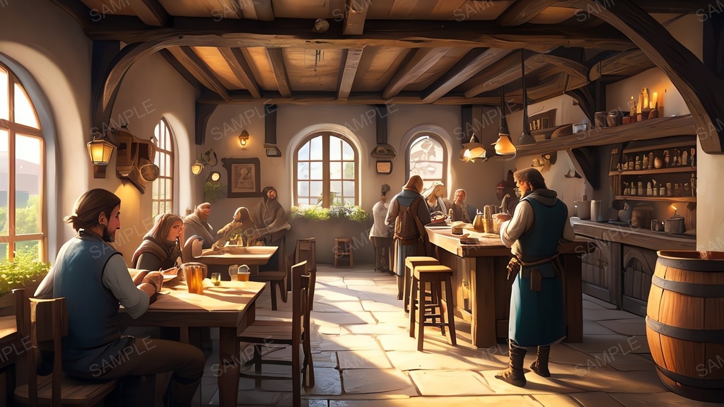 中世ファンタジー|城下町外れの大衆酒場|昼の賑わい(人物あり)|10枚セット