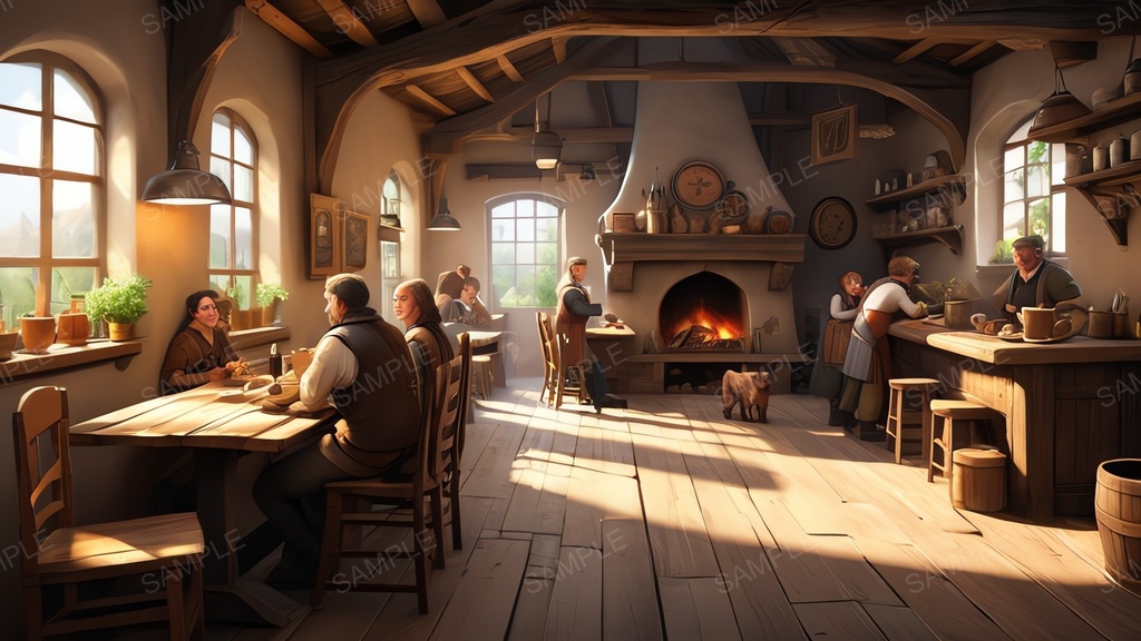 中世ファンタジー|城下町外れの大衆酒場|昼の賑わい(人物あり)|10枚セット