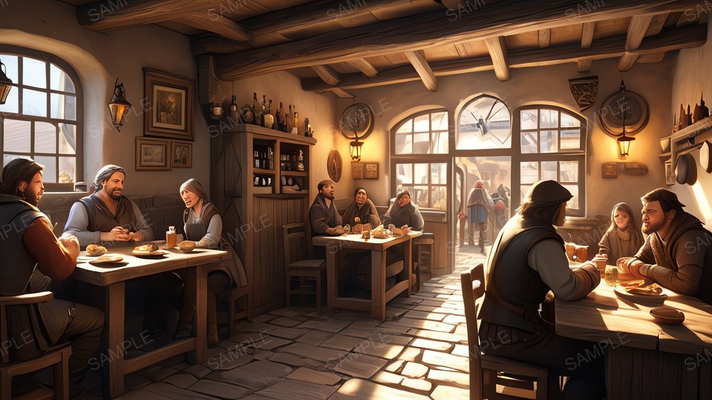 中世ファンタジー|城下町外れの大衆酒場|昼の賑わい(人物あり)|10枚セット