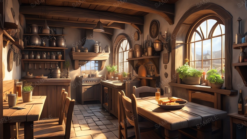 中世ファンタジー｜城下町外れの大衆酒場｜昼の賑わい（人物なし）｜10枚セット