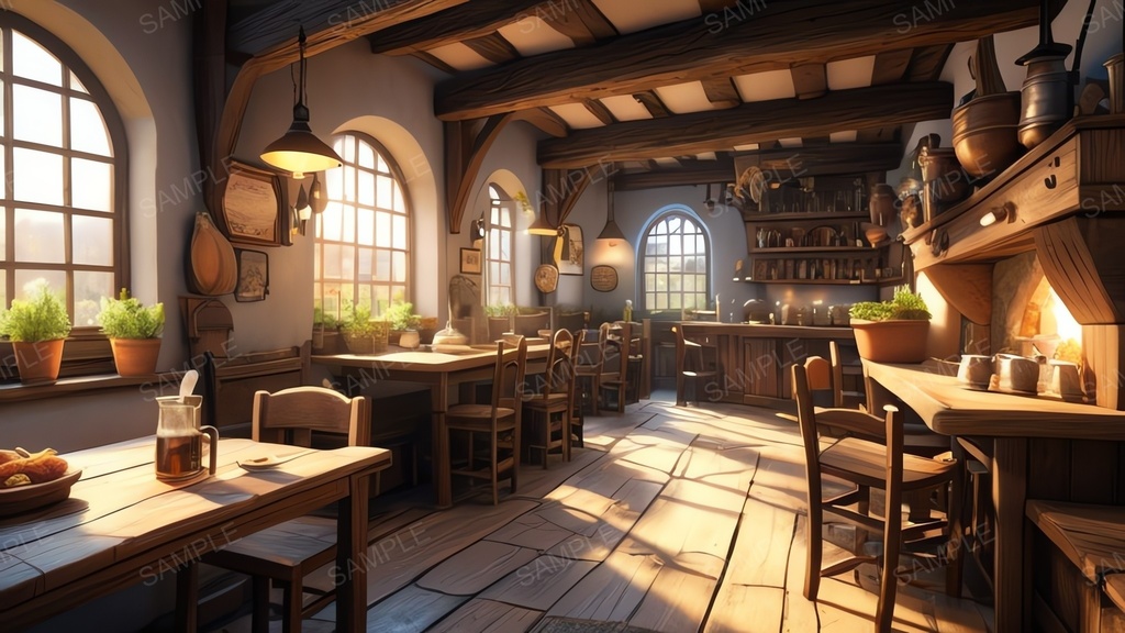 中世ファンタジー|城下町外れの大衆酒場|昼の賑わい(人物なし)|10枚セット