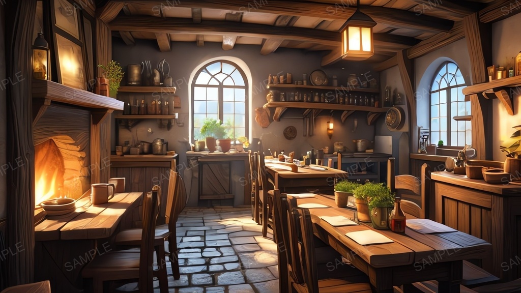 中世ファンタジー|城下町外れの大衆酒場|昼の賑わい(人物なし)|10枚セット