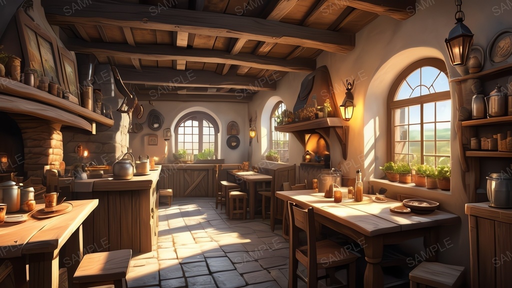 中世ファンタジー|城下町外れの大衆酒場|昼の賑わい(人物なし)|10枚セット