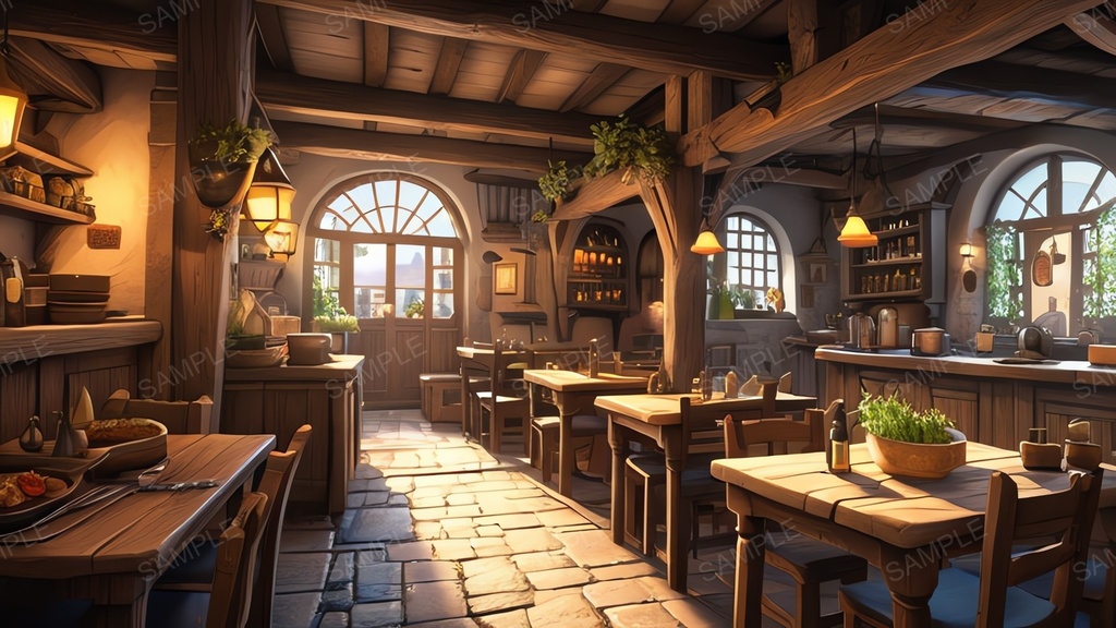 中世ファンタジー|城下町外れの大衆酒場|昼の賑わい(人物なし)|10枚セット