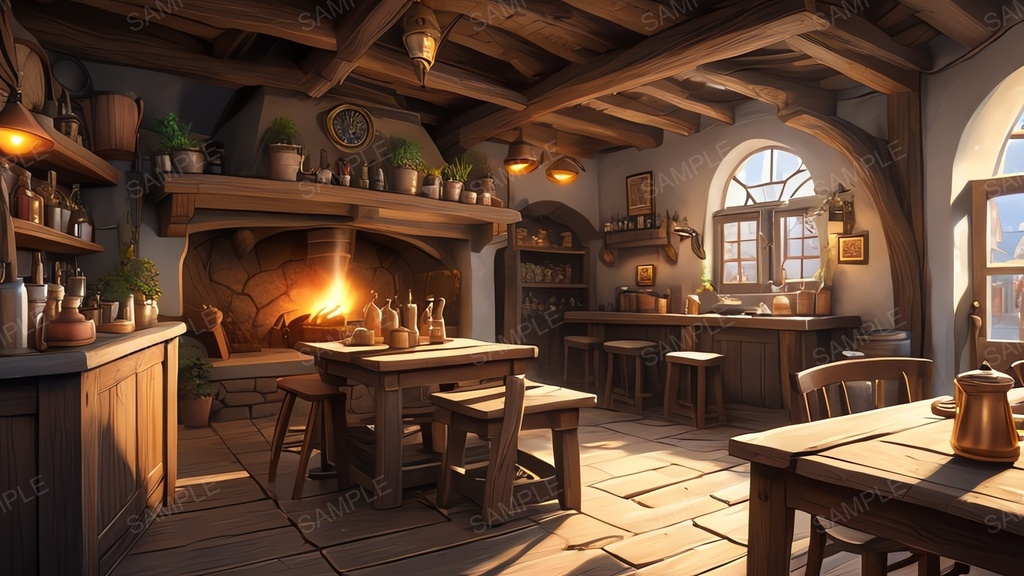 中世ファンタジー|城下町外れの大衆酒場|昼の賑わい(人物なし)|10枚セット