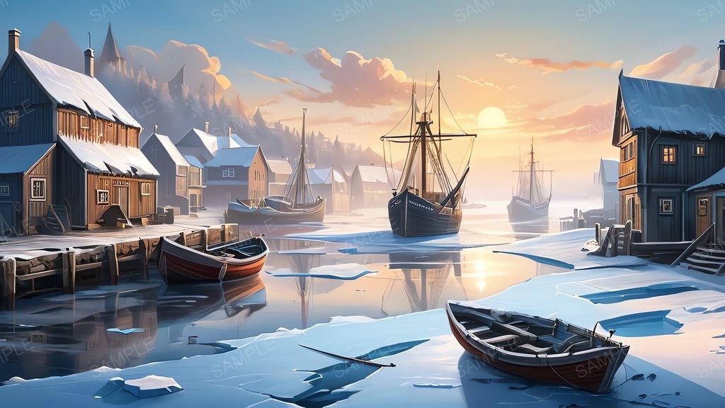 中世ファンタジー|流氷に閉ざされた漁港町-晴れた朝|10枚セット