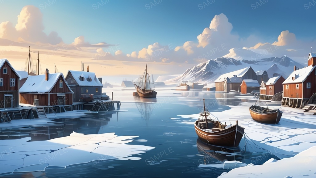 中世ファンタジー|流氷に閉ざされた漁港町-晴れた朝|10枚セット