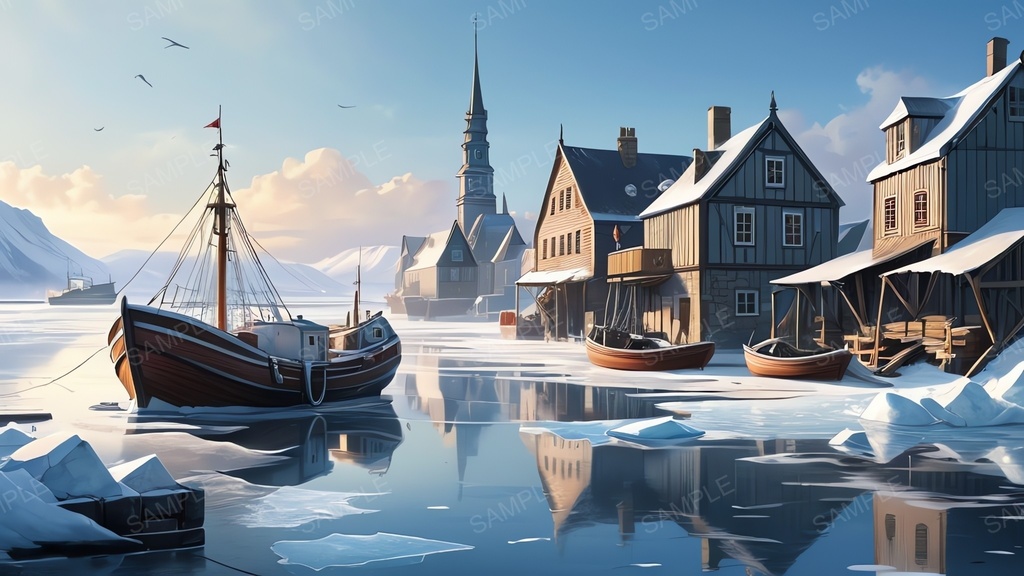 中世ファンタジー|流氷に閉ざされた漁港町-晴れた朝|10枚セット