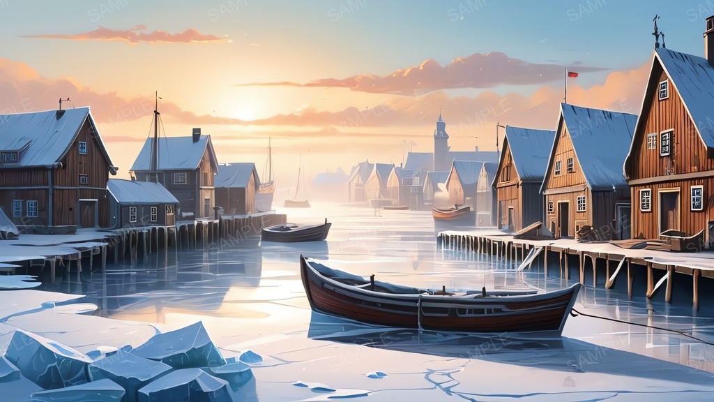 中世ファンタジー|流氷に閉ざされた漁港町-晴れた朝|10枚セット
