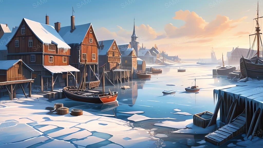 中世ファンタジー|流氷に閉ざされた漁港町-晴れた朝|10枚セット
