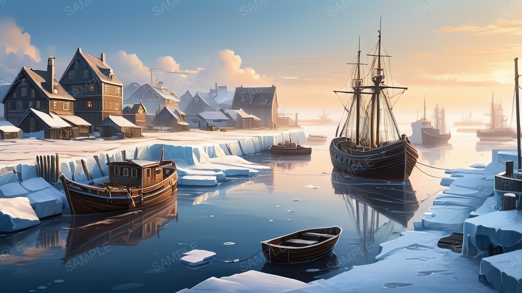 中世ファンタジー|流氷に閉ざされた漁港町-晴れた朝|10枚セット