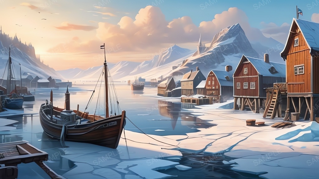 中世ファンタジー|流氷に閉ざされた漁港町-晴れた朝|10枚セット