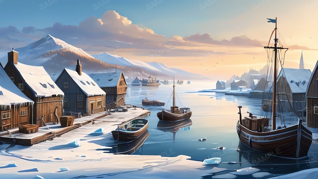 中世ファンタジー｜流氷に閉ざされた漁港町-晴れた朝｜10枚セット