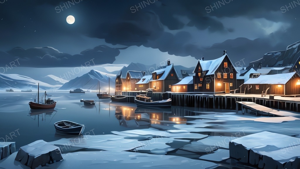 中世ファンタジー|流氷に閉ざされた漁港町-曇りの夜|10枚セット