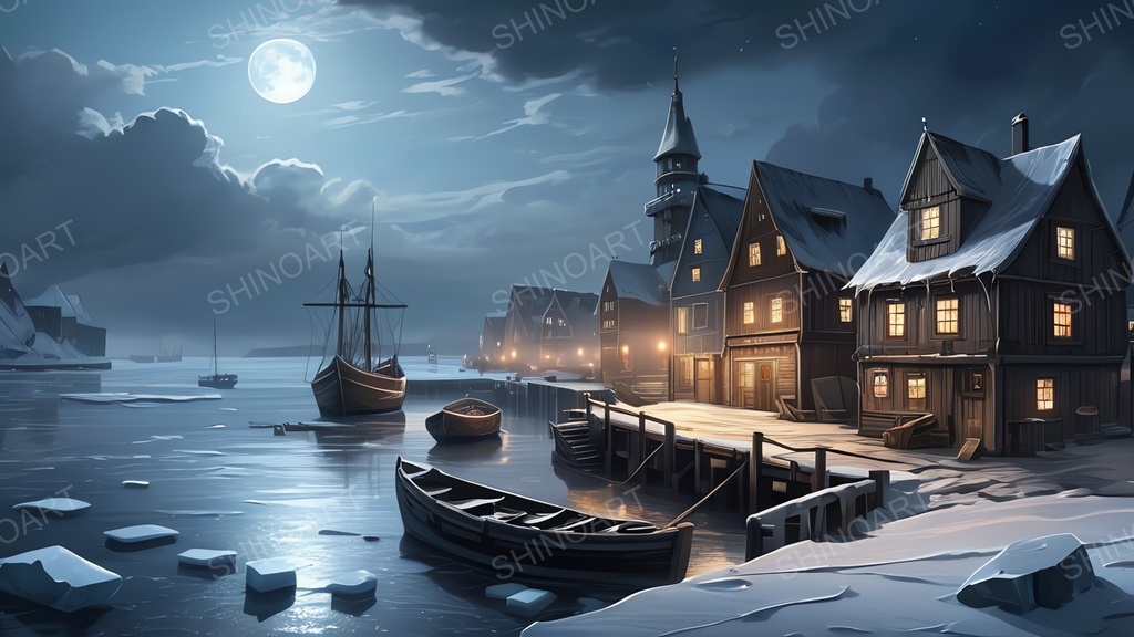 中世ファンタジー|流氷に閉ざされた漁港町-曇りの夜|10枚セット