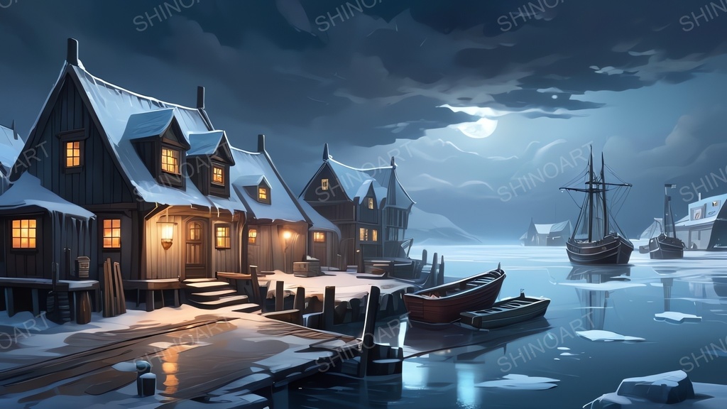 中世ファンタジー|流氷に閉ざされた漁港町-曇りの夜|10枚セット