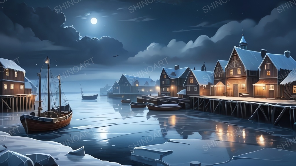 中世ファンタジー｜流氷に閉ざされた漁港町-曇りの夜｜10枚セット
