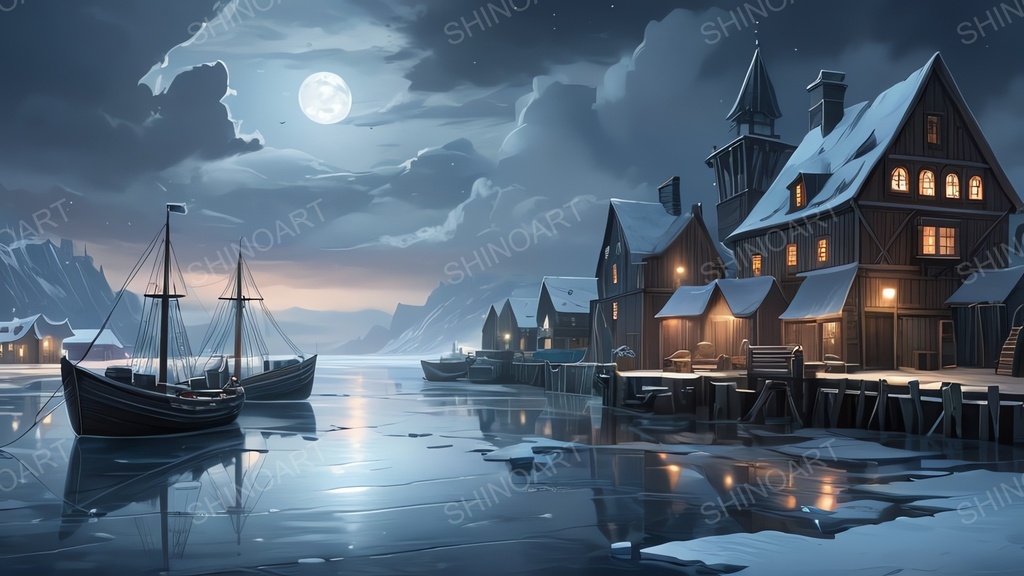 中世ファンタジー|流氷に閉ざされた漁港町-曇りの夜|10枚セット