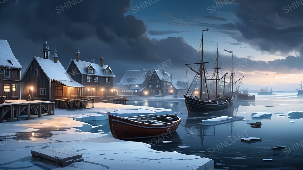 中世ファンタジー|流氷に閉ざされた漁港町-曇りの夜|10枚セット
