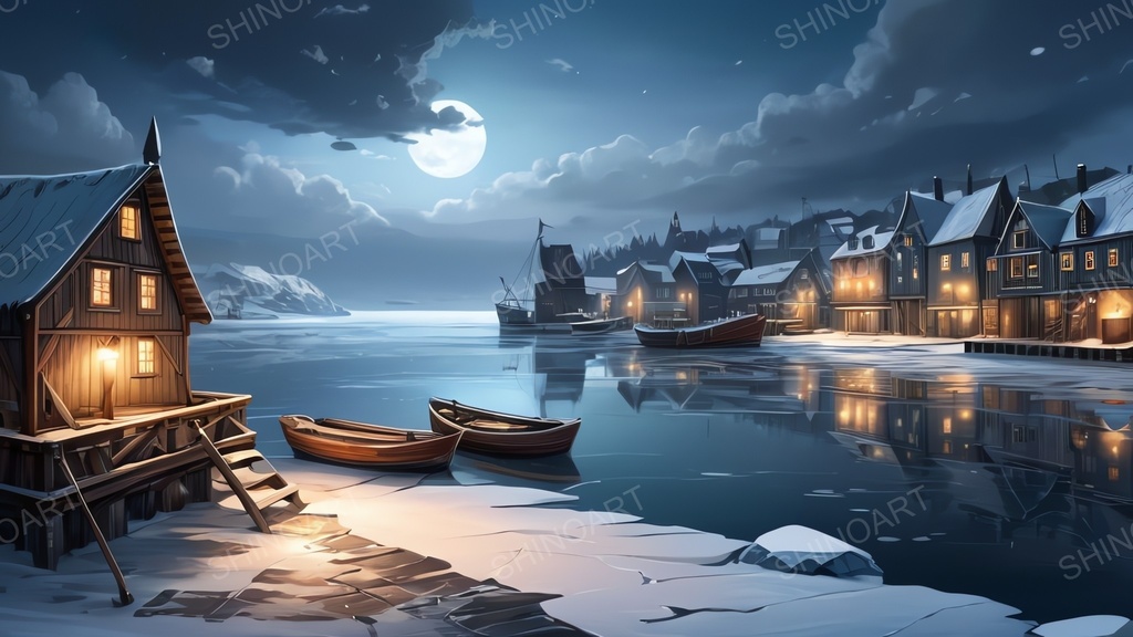 中世ファンタジー|流氷に閉ざされた漁港町-曇りの夜|10枚セット