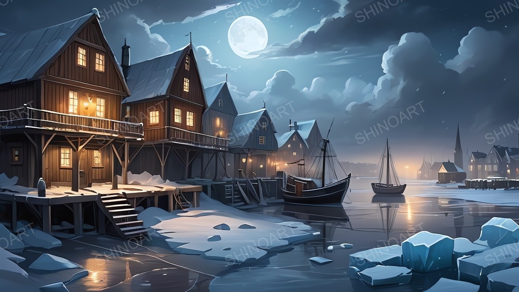 中世ファンタジー|流氷に閉ざされた漁港町-曇りの夜|10枚セット