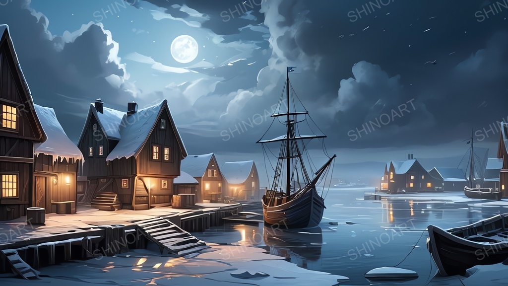 中世ファンタジー|流氷に閉ざされた漁港町-曇りの夜|10枚セット