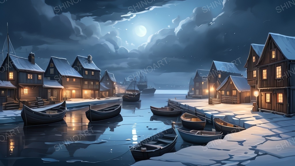 中世ファンタジー|流氷に閉ざされた漁港町-曇りの夜|10枚セット