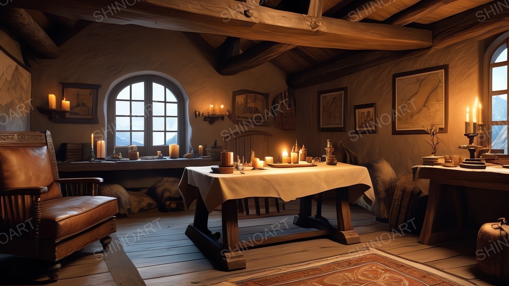 中世ファンタジー|山岳狩猟小屋の書斎|10枚セット