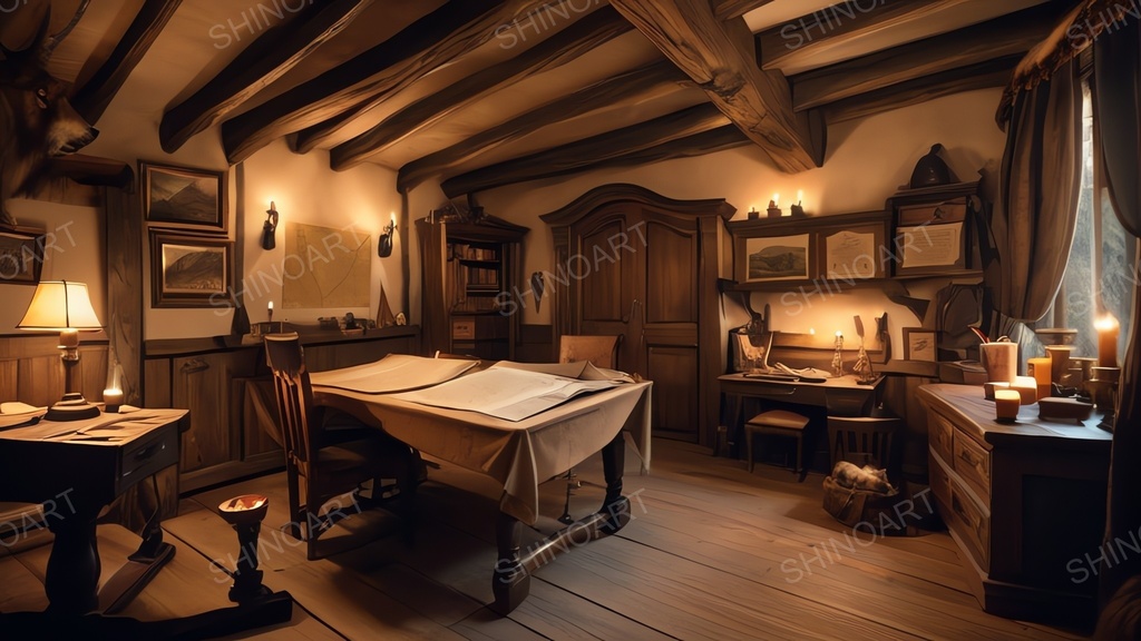 中世ファンタジー|山岳狩猟小屋の書斎|10枚セット