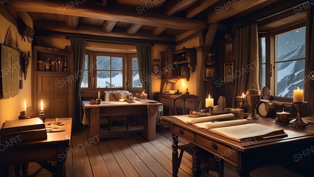 中世ファンタジー|山岳狩猟小屋の書斎|10枚セット