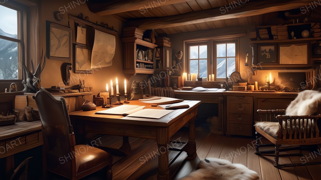 中世ファンタジー|山岳狩猟小屋の書斎|10枚セット