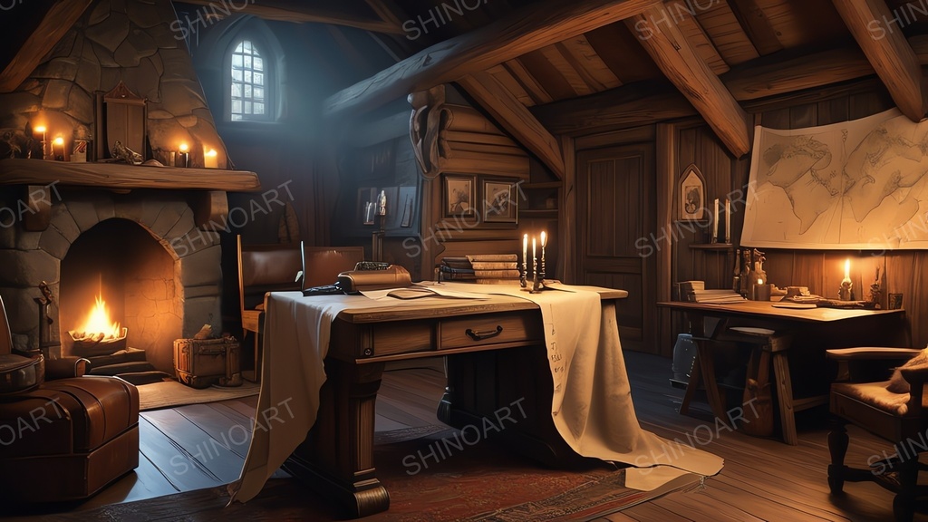 中世ファンタジー|山岳狩猟小屋の書斎|10枚セット