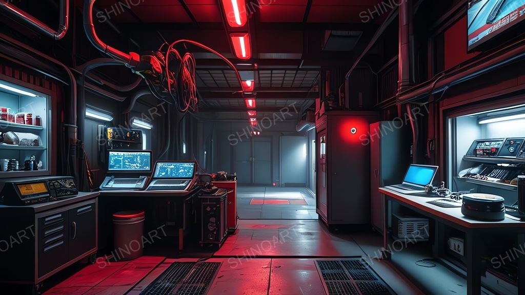 退廃サイバーパンク|非常電源下のドローン整備ドック|10枚セット