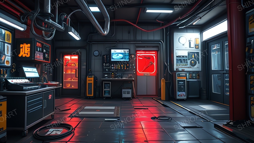 退廃サイバーパンク|非常電源下のドローン整備ドック|10枚セット