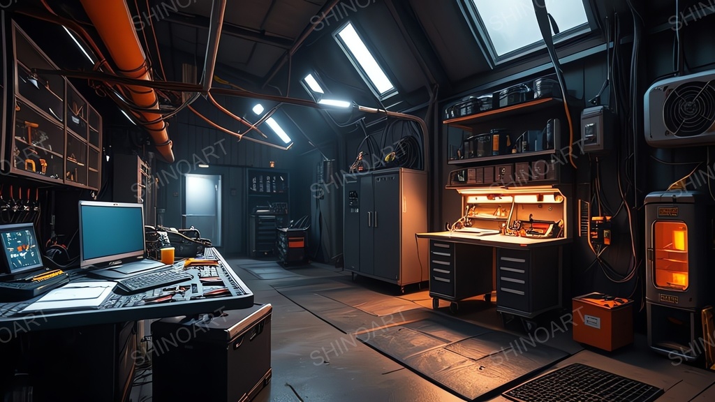 退廃サイバーパンク|非常電源下のドローン整備ドック|10枚セット