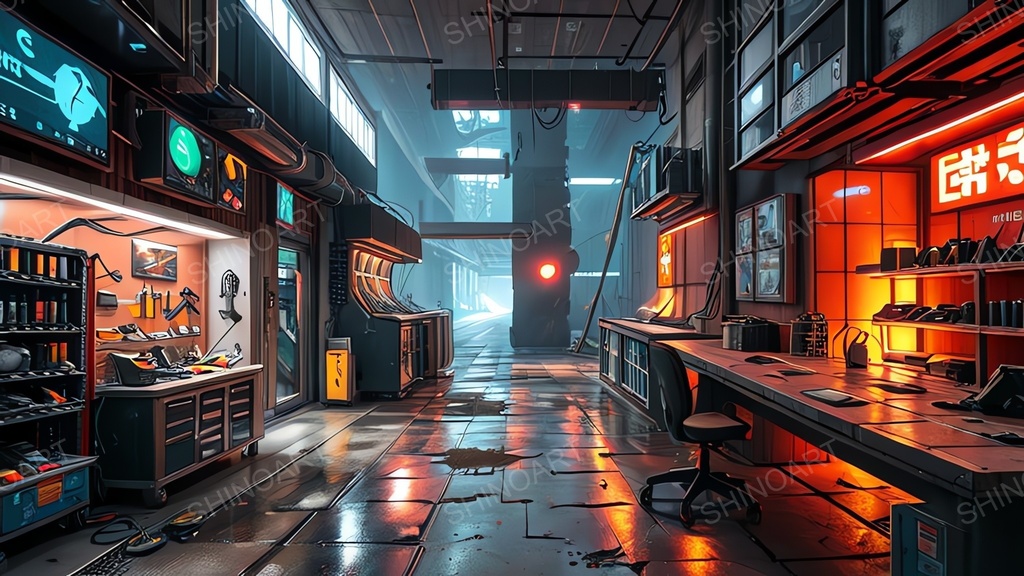 退廃サイバーパンク|非常電源下のドローン整備ドック|10枚セット