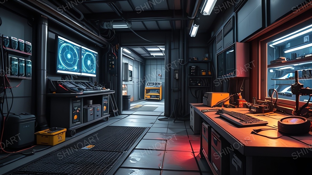 退廃サイバーパンク|非常電源下のドローン整備ドック|10枚セット