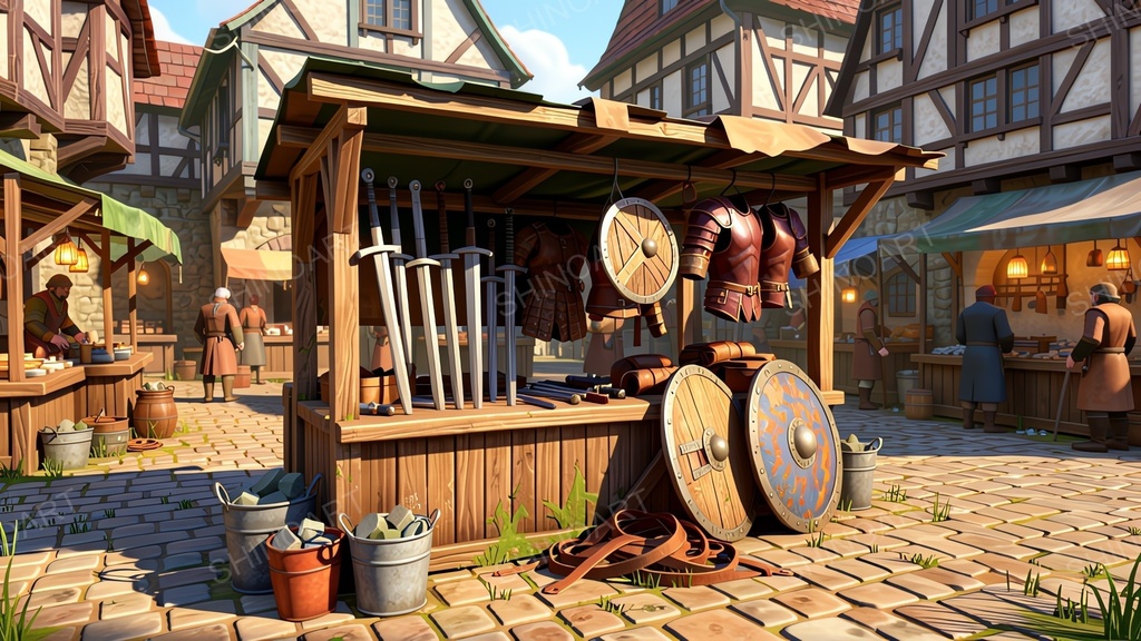 中世ファンタジー|市場の武具屋台|10枚セット