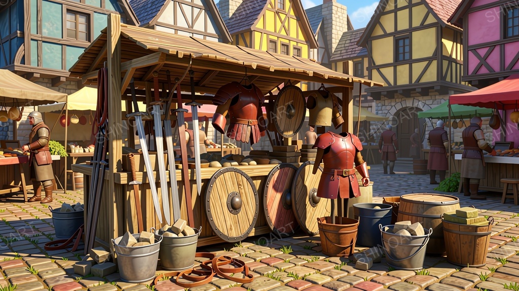 中世ファンタジー|市場の武具屋台|10枚セット