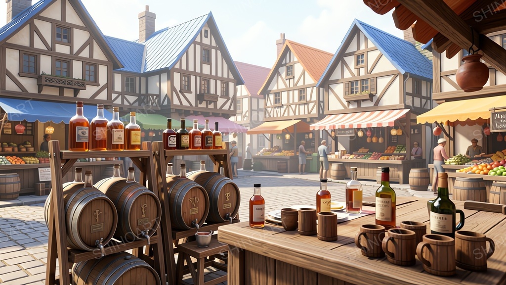 中世ファンタジー|市場の酒売り露店|10枚セット