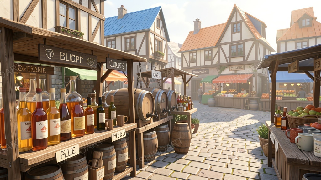 中世ファンタジー|市場の酒売り露店|10枚セット