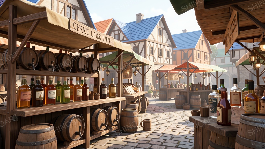 中世ファンタジー|市場の酒売り露店|10枚セット