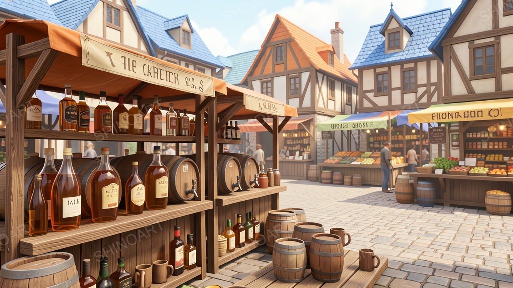 中世ファンタジー|市場の酒売り露店|10枚セット