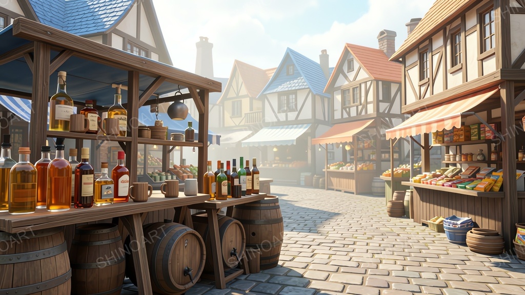 中世ファンタジー|市場の酒売り露店|10枚セット