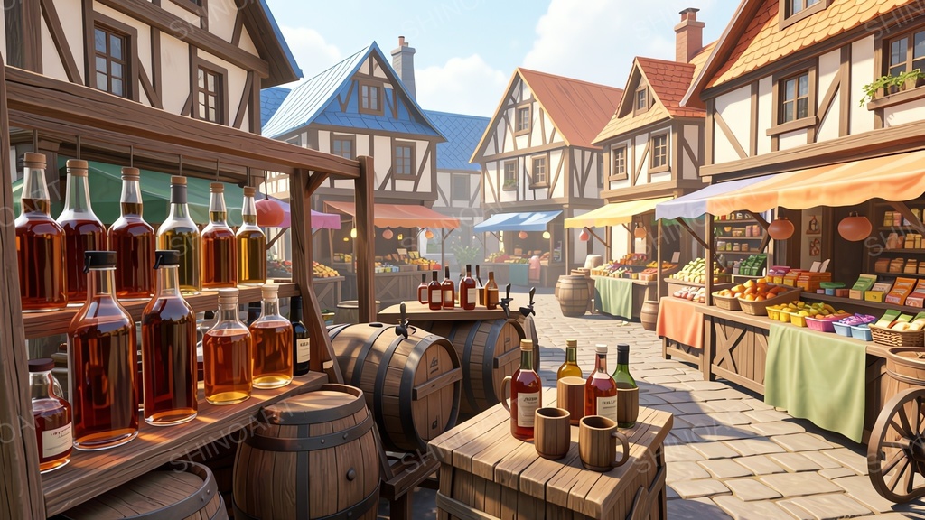 中世ファンタジー|市場の酒売り露店|10枚セット