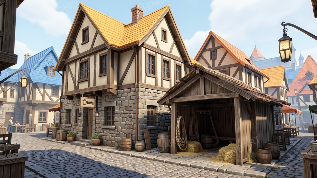 中世ファンタジー|城下町の二階建て宿屋・酒場|10枚セット