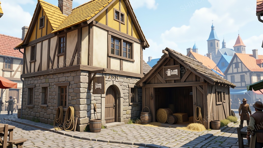 中世ファンタジー|城下町の二階建て宿屋・酒場|10枚セット