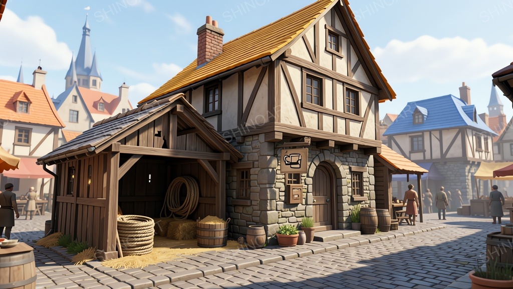 中世ファンタジー|城下町の二階建て宿屋・酒場|10枚セット